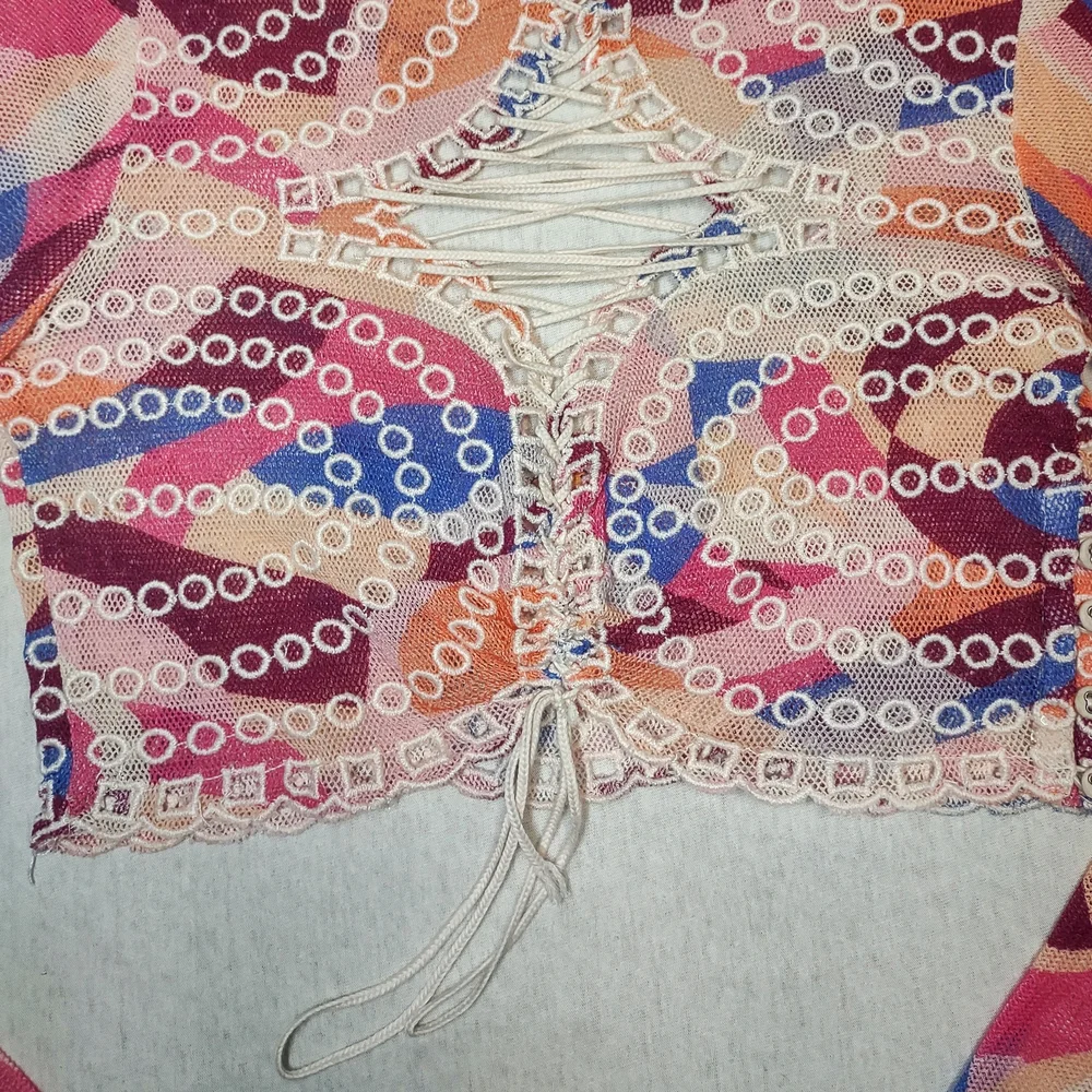 New Free People 'Eyes On You' Confetti Eyelet Mesh Cropped Bell Sleeve Top Small